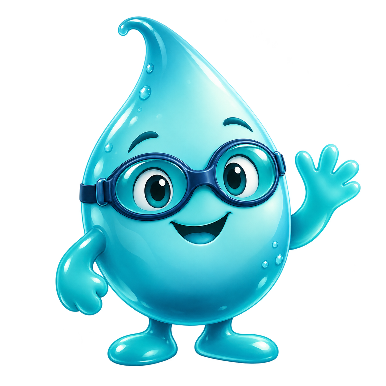 La mascotte Dign’IA, une goutte turquoise avec des lunettes de natation, vous salue.